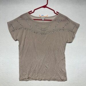 Calvin Klein Women Studded Mesh Sheer Shoulder Cap Sleeve Tunic Top Beige S P